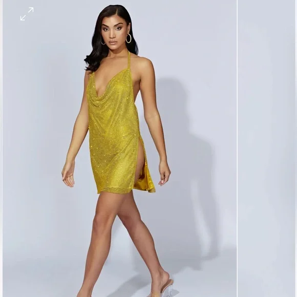 BRAND NEW WITH TAGS - MESHKI: Siya Halter Glomesh Mini Dress - Chartreuse - Picture 5 of 8